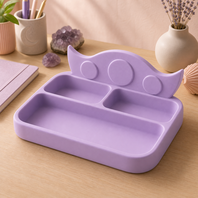 Moon Phase Desk Organizer, Pastel Divided Catchall Tray, Celestial Room Decor