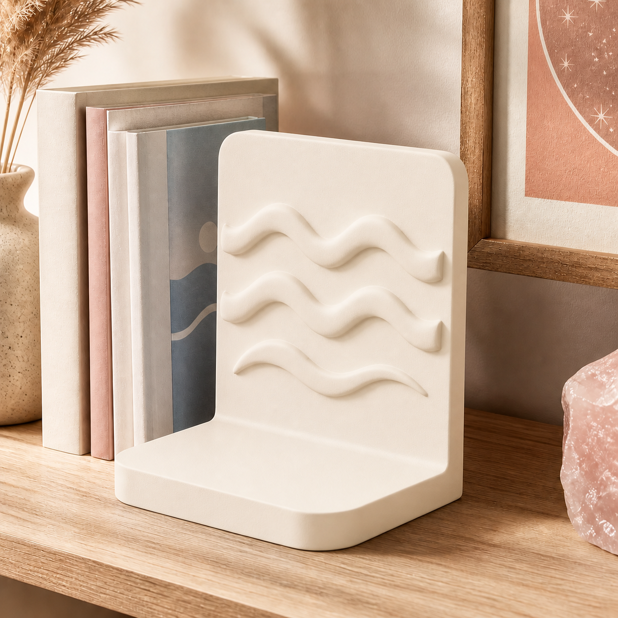 Aquarius Waves Bookend, Zodiac Bookshelf Decor, Pastel Desk Organizer Gift — Beige color variant