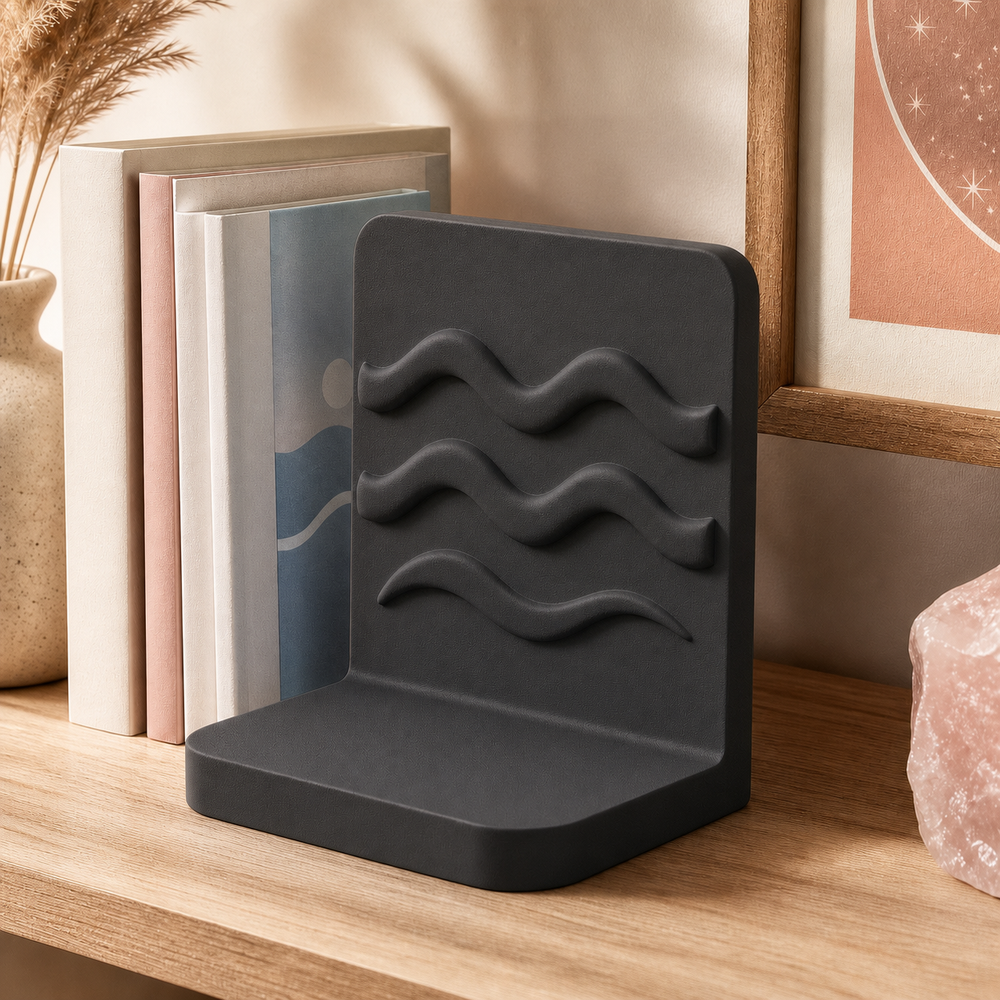Aquarius Waves Bookend, Zodiac Bookshelf Decor, Pastel Desk Organizer Gift — Black color variant