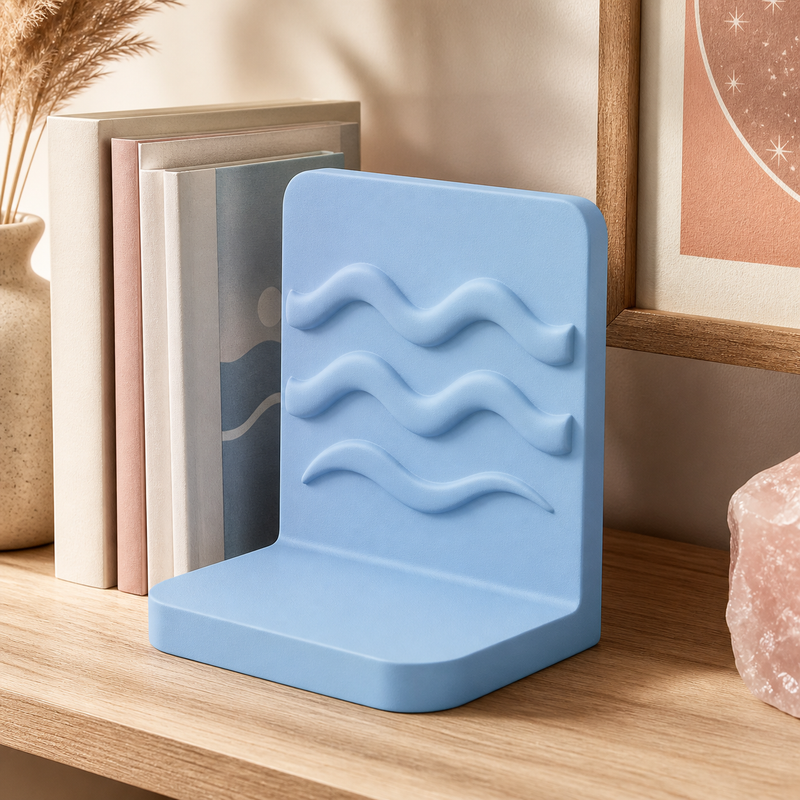 Aquarius Waves Bookend, Zodiac Bookshelf Decor, Pastel Desk Organizer Gift — Blue color variant