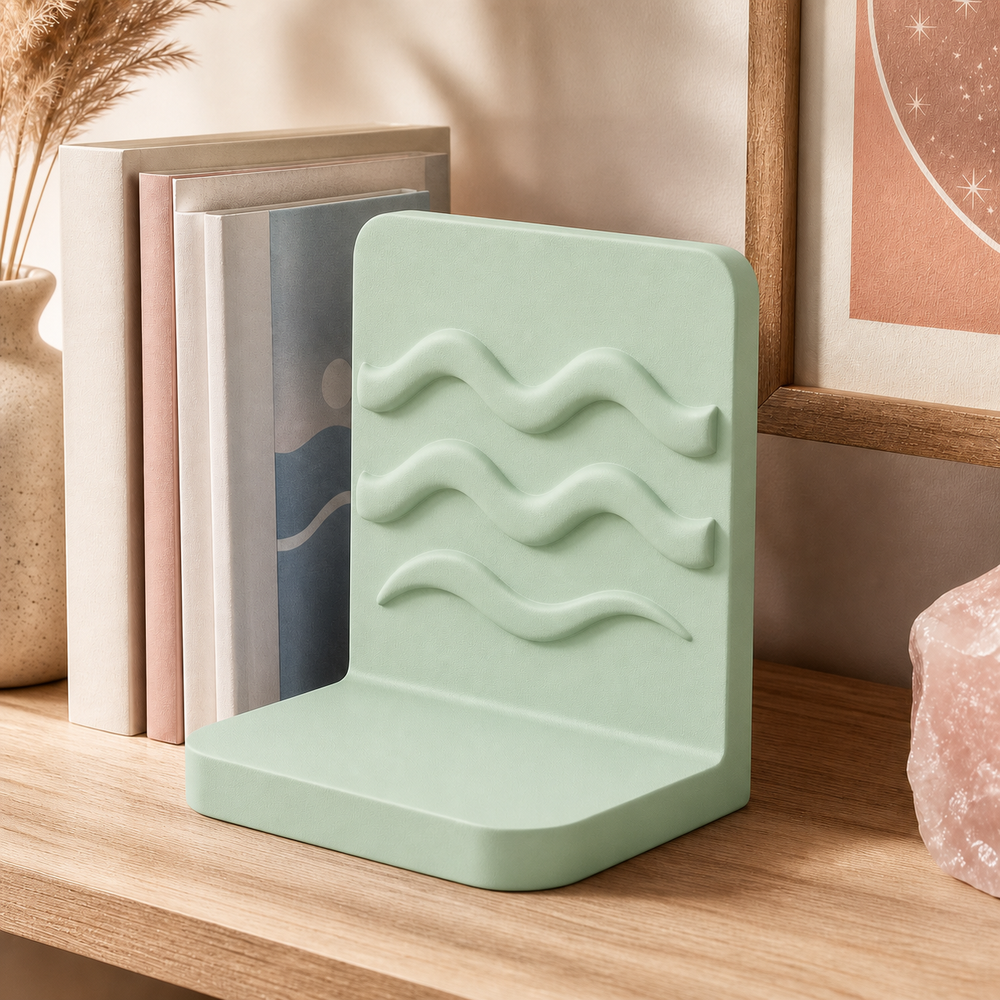 Aquarius Waves Bookend, Zodiac Bookshelf Decor, Pastel Desk Organizer Gift — Green color variant