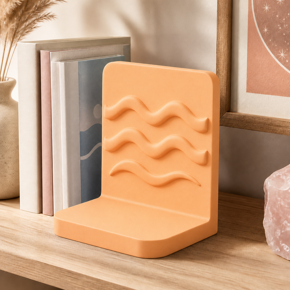 Aquarius Waves Bookend, Zodiac Bookshelf Decor, Pastel Desk Organizer Gift — Orange color variant
