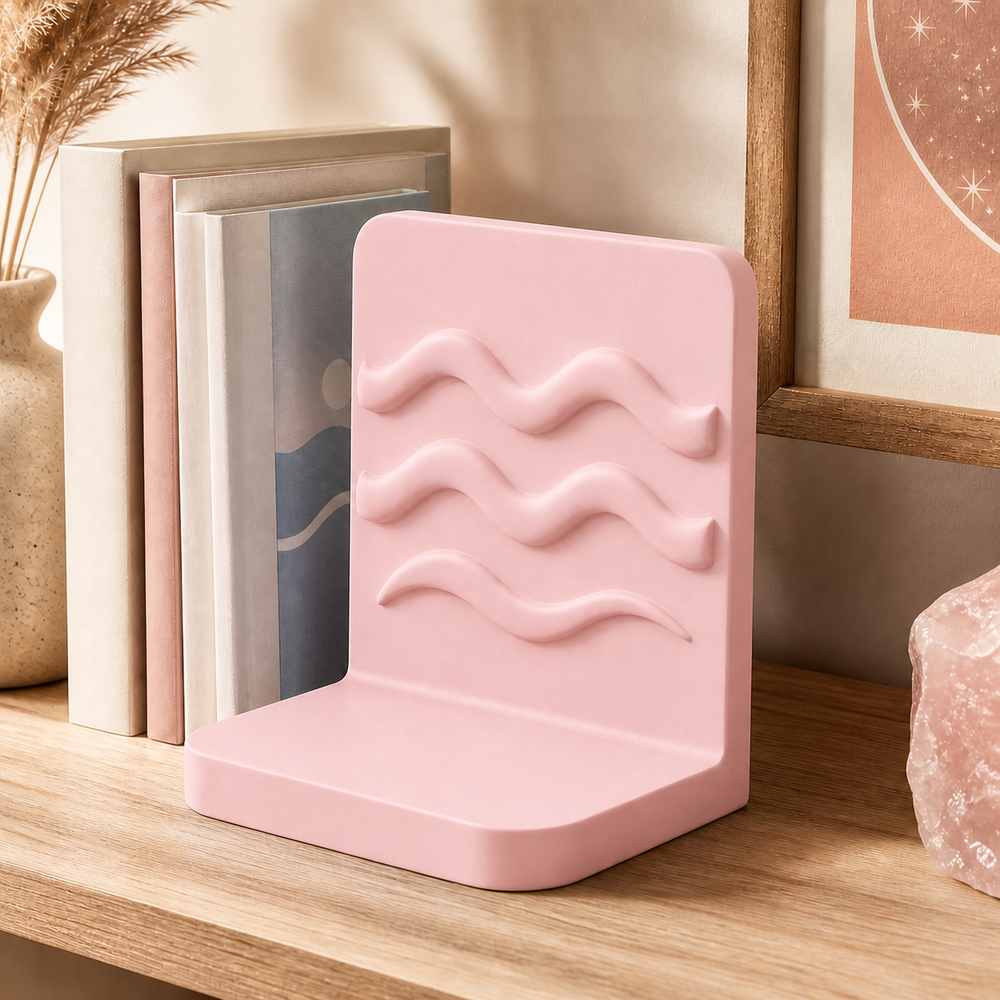 Aquarius Waves Bookend, Zodiac Bookshelf Decor, Pastel Desk Organizer Gift — Pink color variant