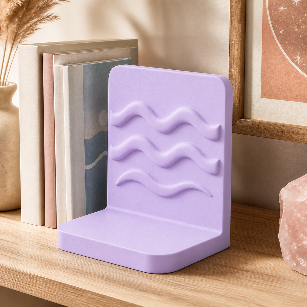 Aquarius Waves Bookend, Zodiac Bookshelf Decor, Pastel Desk Organizer Gift — Purple color variant