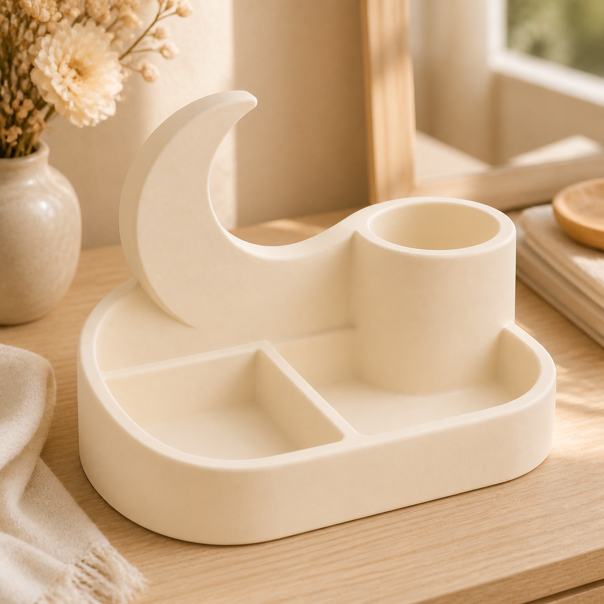 Crescent Moon Vanity Caddy, Pastel Desk Organizer, Celestial Cute Room Decor — Beige color variant