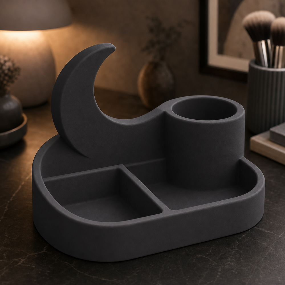 Crescent Moon Vanity Caddy, Pastel Desk Organizer, Celestial Cute Room Decor — Black color variant
