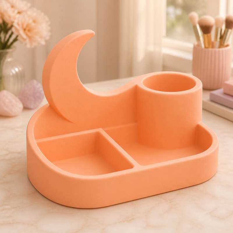 Crescent Moon Vanity Caddy, Pastel Desk Organizer, Celestial Cute Room Decor — Orange color variant
