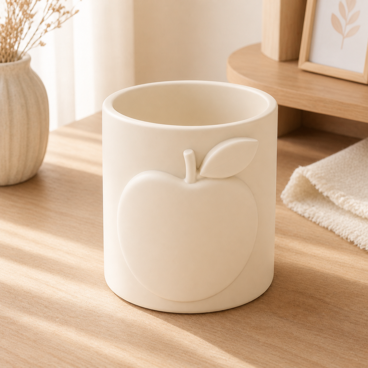 Apple Pencil Cup, Pastel Teacher Desk Organizer, Cute Classroom Vanity Decor — Beige color variant