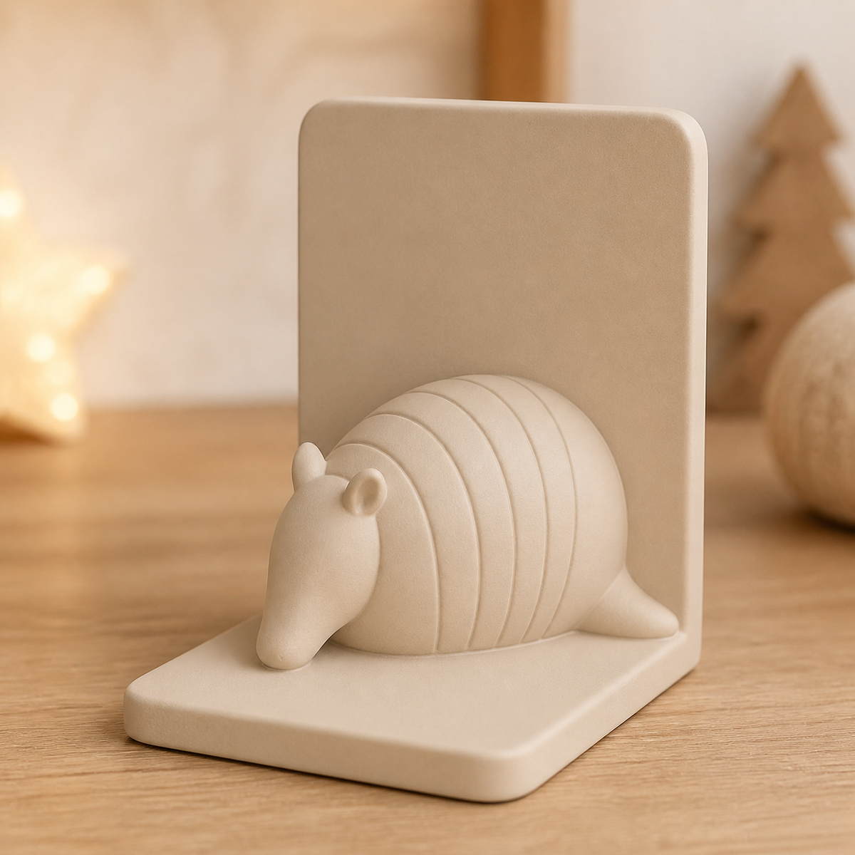 Armadillo Bookend, Woodland Animal Book Stand, Cute Pastel Nursery Decor — Beige color variant
