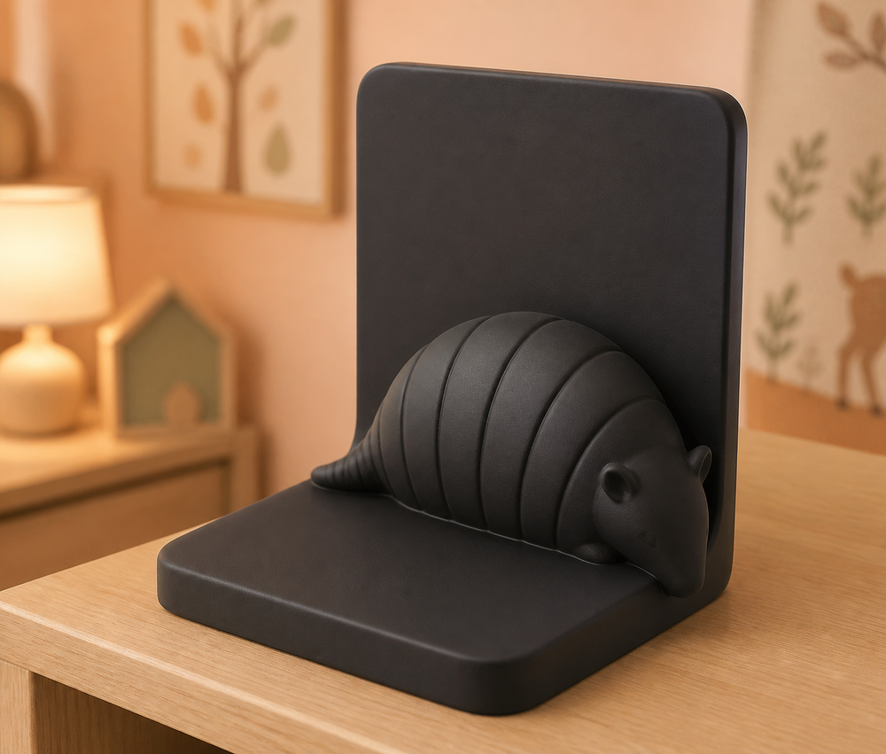 Armadillo Bookend, Woodland Animal Book Stand, Cute Pastel Nursery Decor — Black color variant
