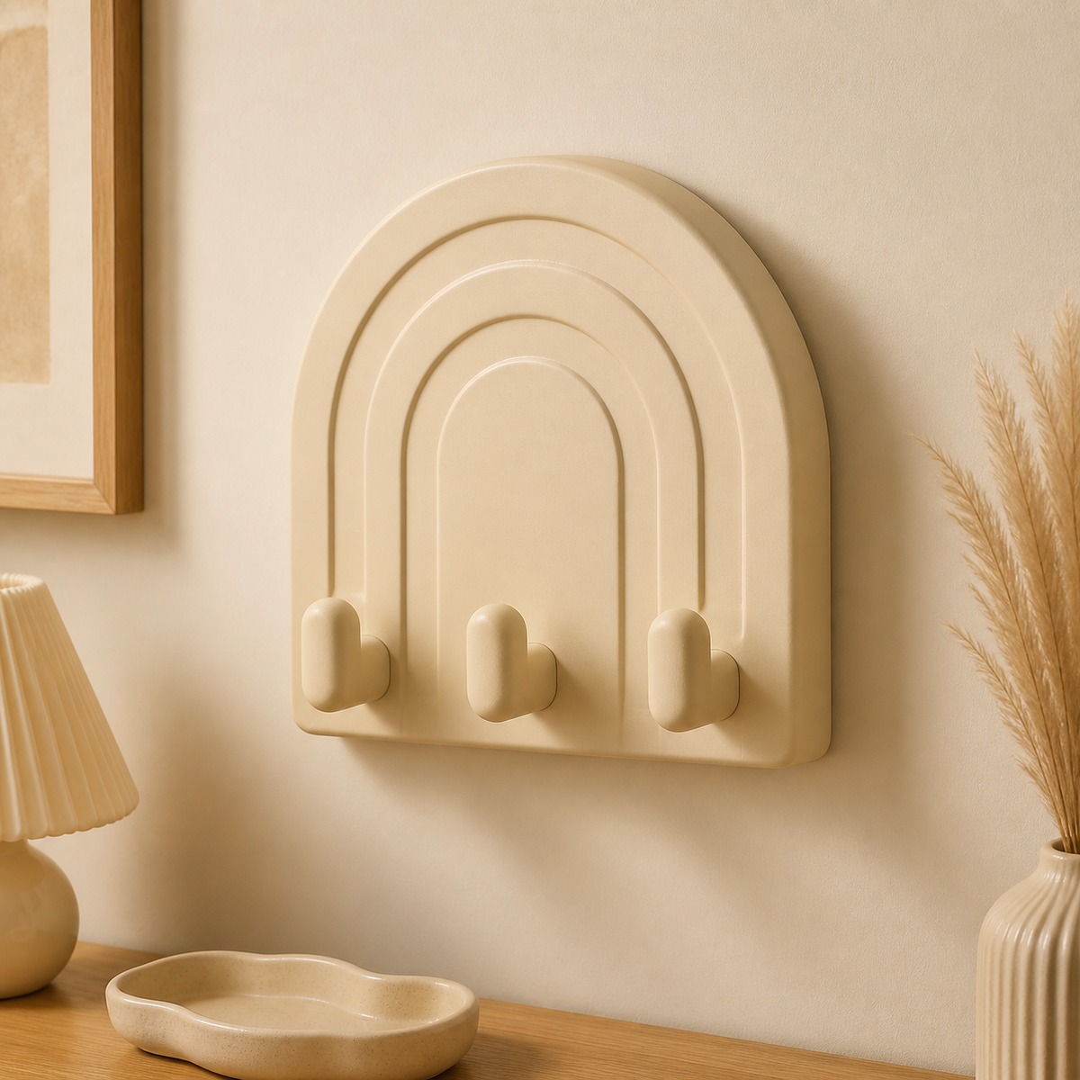Bauhaus Arch Key Hook, Pastel Wall Peg, Retro Entryway Organizer Gift — Beige color variant
