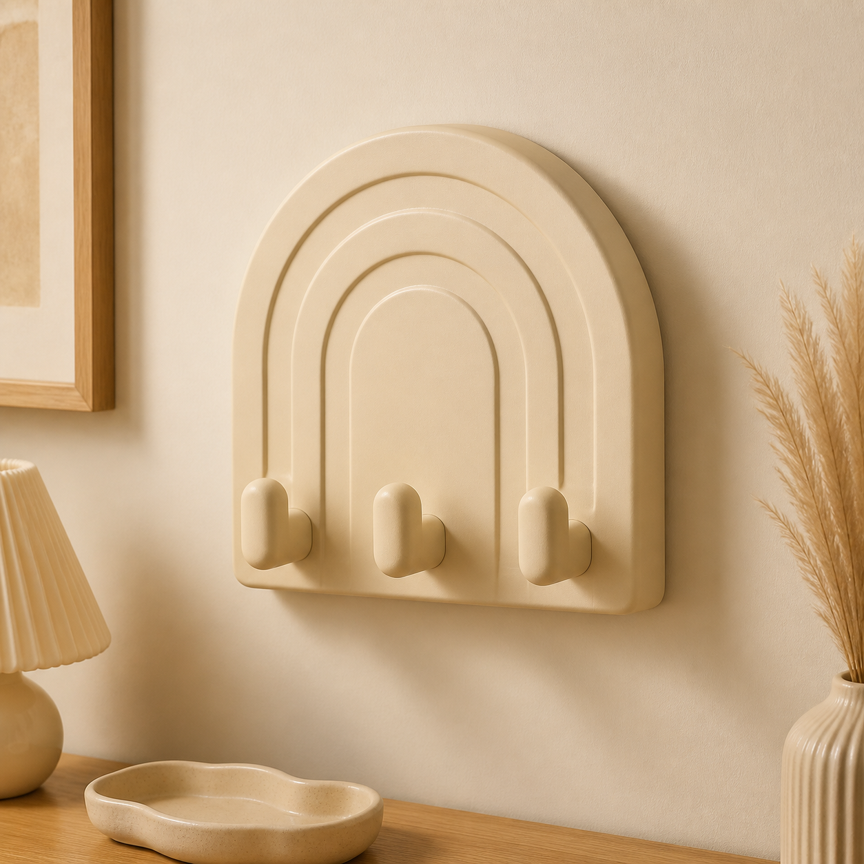 Bauhaus Arch Key Hook, Pastel Wall Peg, Retro Entryway Organizer Gift — Beige color variant