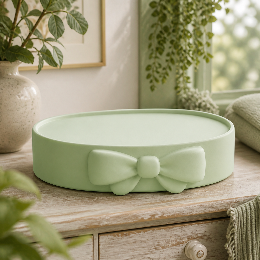 Bow Display Riser, Coquette Shelf Accent, Pastel Vanity Room Decor — Green color variant
