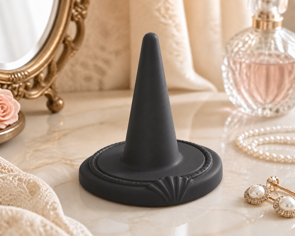 Cameo Ring Cone, Coquette Jewelry Holder, Pastel Vanity Decor Gift — Black color variant
