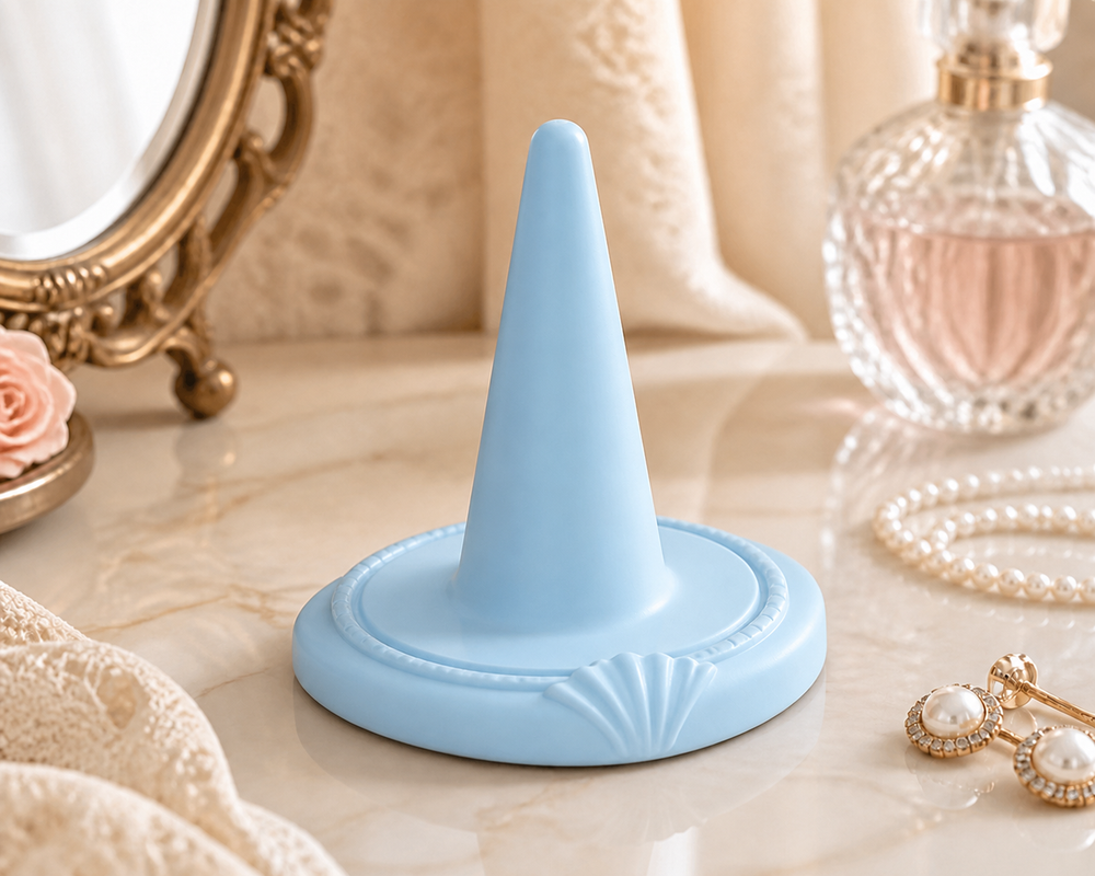 Cameo Ring Cone, Coquette Jewelry Holder, Pastel Vanity Decor Gift — Blue color variant