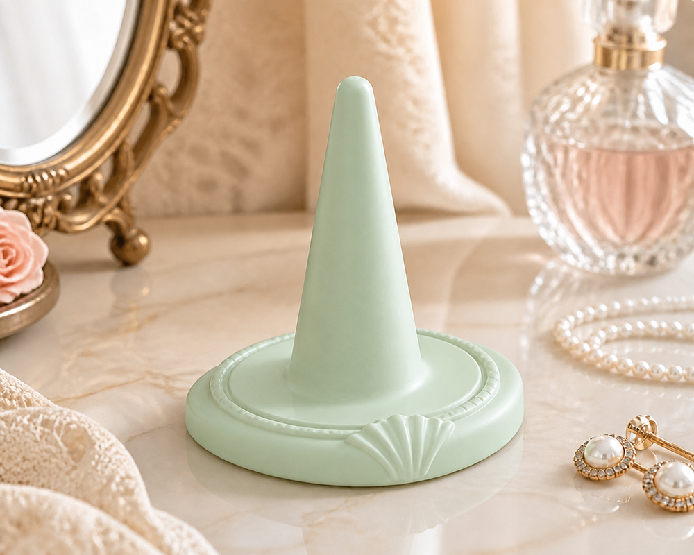 Cameo Ring Cone, Coquette Jewelry Holder, Pastel Vanity Decor Gift — Green color variant