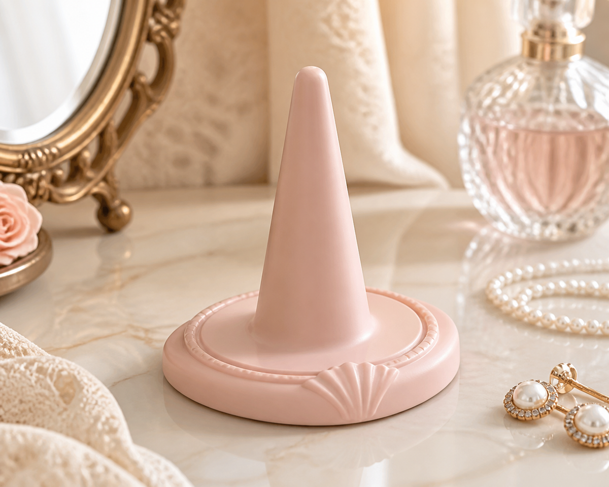 Cameo Ring Cone, Coquette Jewelry Holder, Pastel Vanity Decor Gift — Pink color variant