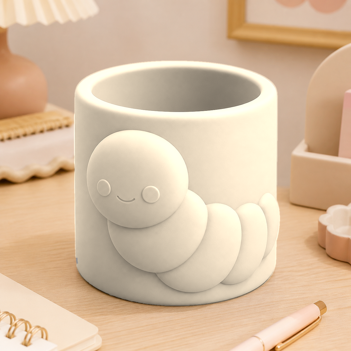 Caterpillar Pencil Brush Cup, Pastel Desk Organizer, Kawaii Room Decor Gift — Beige color variant