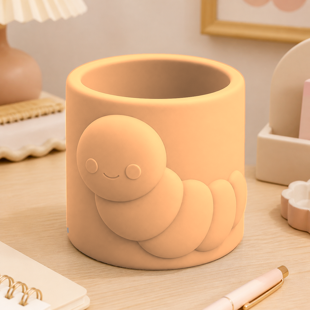 Caterpillar Pencil Brush Cup, Pastel Desk Organizer, Kawaii Room Decor Gift — Orange color variant
