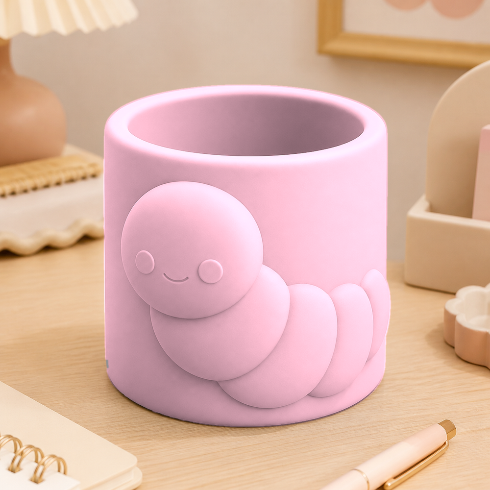 Caterpillar Pencil Brush Cup, Pastel Desk Organizer, Kawaii Room Decor Gift — Pink color variant