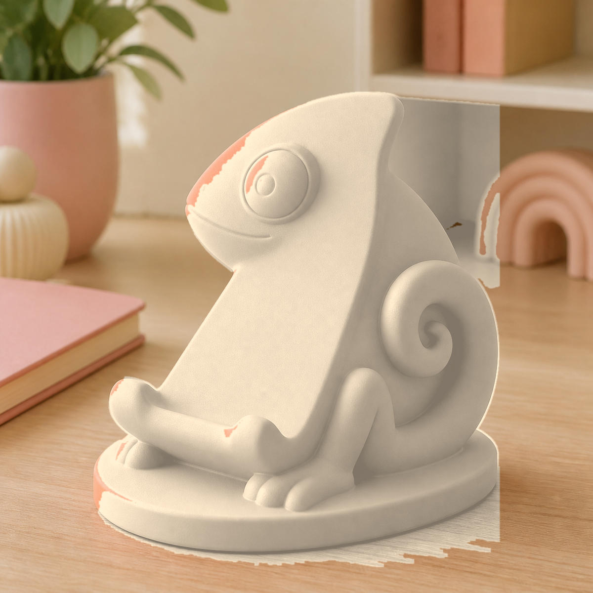 Chameleon Phone Stand, Pastel Desk Phone Holder, Cute Dorm Desk Decor Gift — Beige color variant