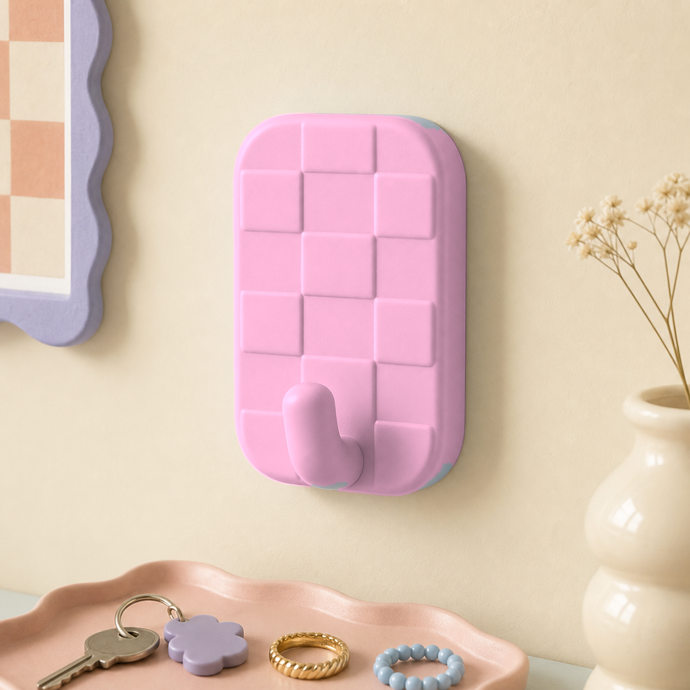 Checker Wall Hook, Pastel Geometric Key Holder, Cute Entryway Room Decor Gift — Pink color variant