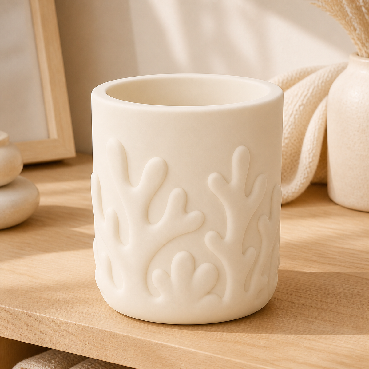 Coral Pencil Cup, Pastel Makeup Brush Holder, Ocean Desk Organizer Gift — Beige color variant
