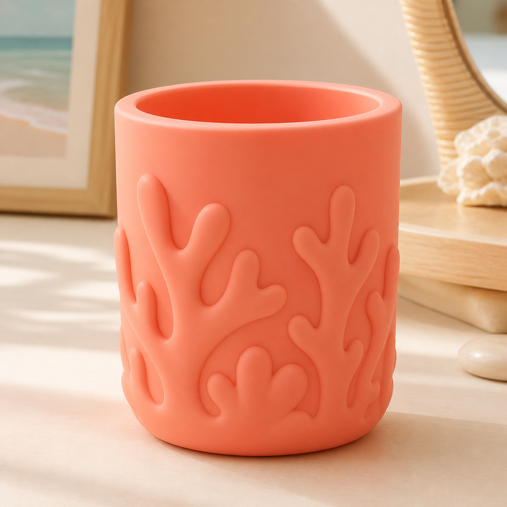 Coral Pencil Cup, Pastel Makeup Brush Holder, Ocean Desk Organizer Gift — Orange color variant