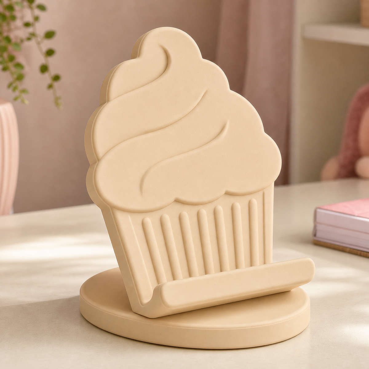 Cupcake Phone Stand, Pastel Desk Phone Holder, Cute Gamer Dorm Room Decor Gift — Beige color variant