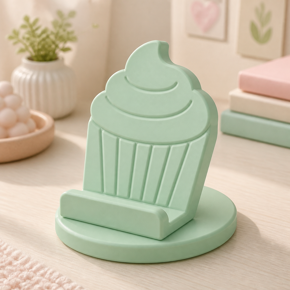 Cupcake Phone Stand, Pastel Desk Phone Holder, Cute Gamer Dorm Room Decor Gift — Green color variant