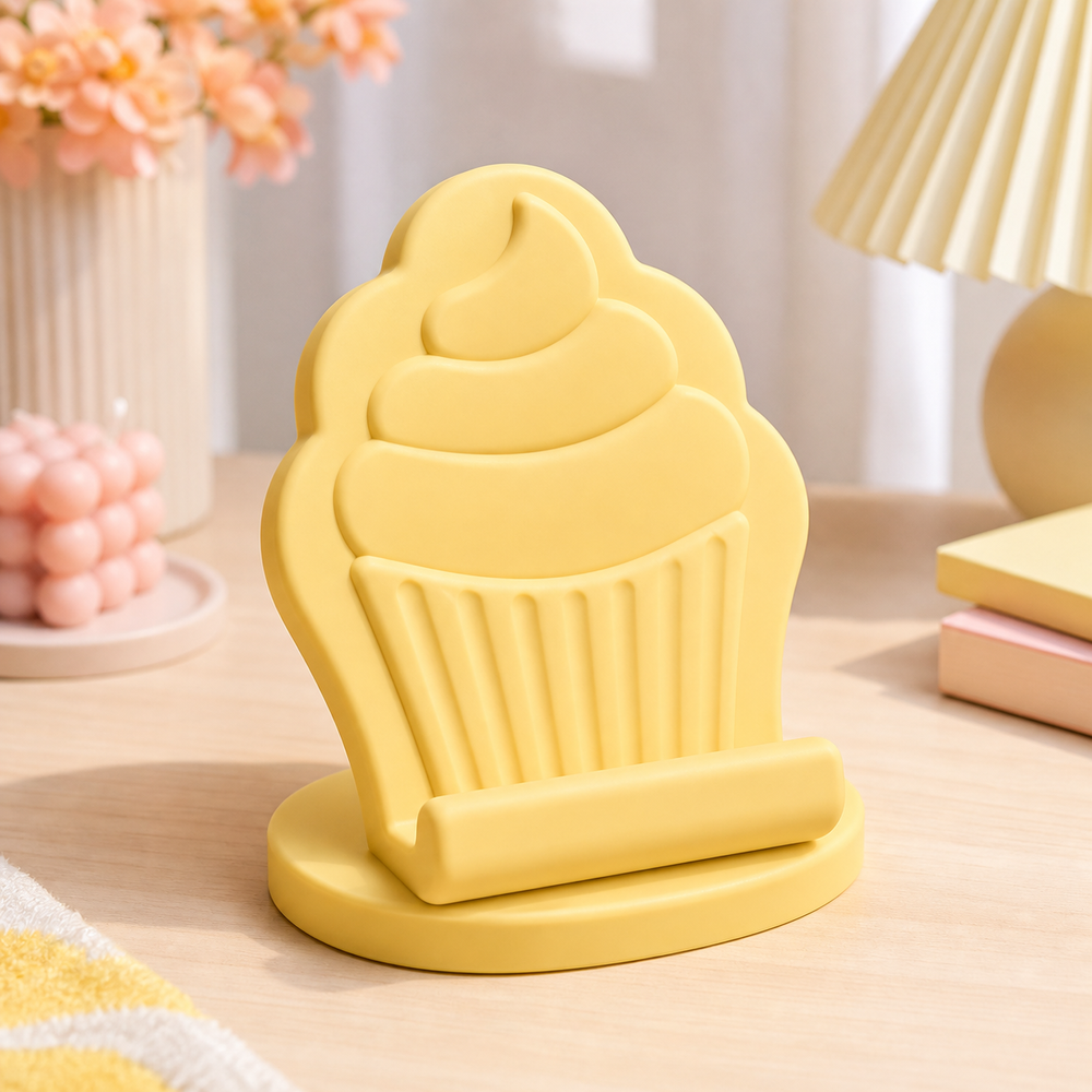 Cupcake Phone Stand, Pastel Desk Phone Holder, Cute Gamer Dorm Room Decor Gift — Yellow color variant