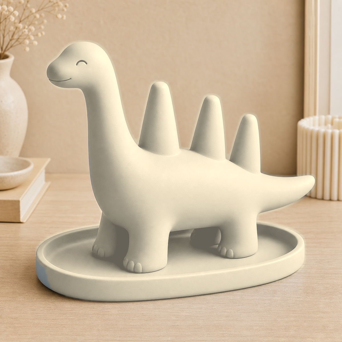 Dinosaur Jewelry Holder, Cute Ring Cone, Kawaii Vanity Organizer, Pastel Room Decor — Beige color variant