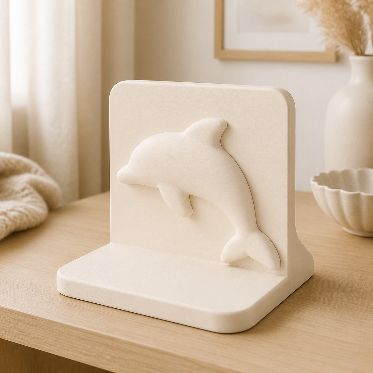 Dolphin Bookend, Pastel Ocean Desk Decor, Cute Nursery Shelf Gift — Beige color variant