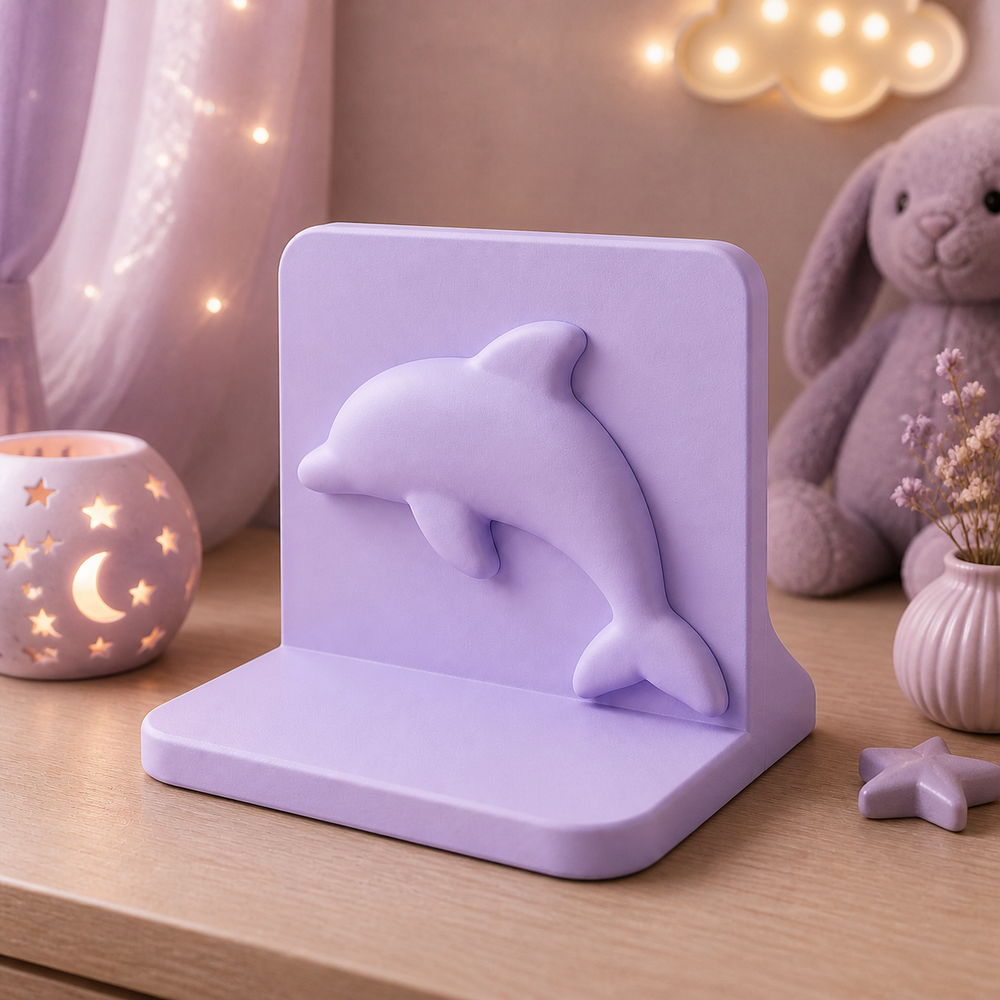 Dolphin Bookend, Pastel Ocean Desk Decor, Cute Nursery Shelf Gift — Purple color variant