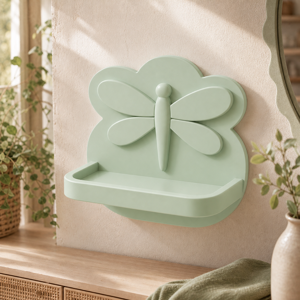 Dragonfly Mini Wall Ledge, Fairycore Pastel Shelf, Nursery Vanity Room Decor — Green color variant