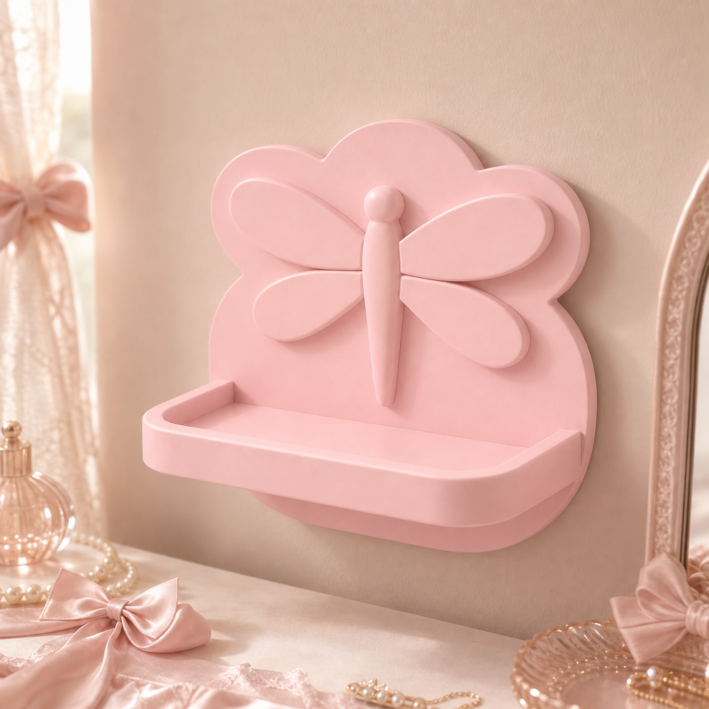 Dragonfly Mini Wall Ledge, Fairycore Pastel Shelf, Nursery Vanity Room Decor — Pink color variant