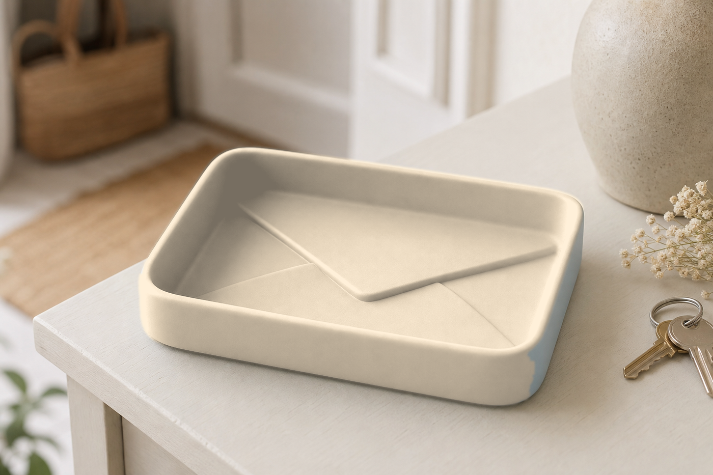 Envelope Key Bowl, Pastel Catchall Tray, Cute Entryway Decor Gift — Beige color variant