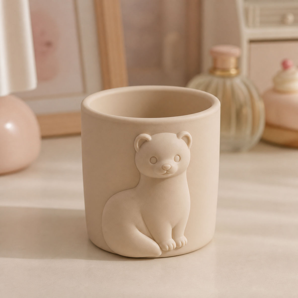 Ferret Makeup Brush Cup, Pastel Pencil Holder, Cute Vanity Desk Gift — Beige color variant