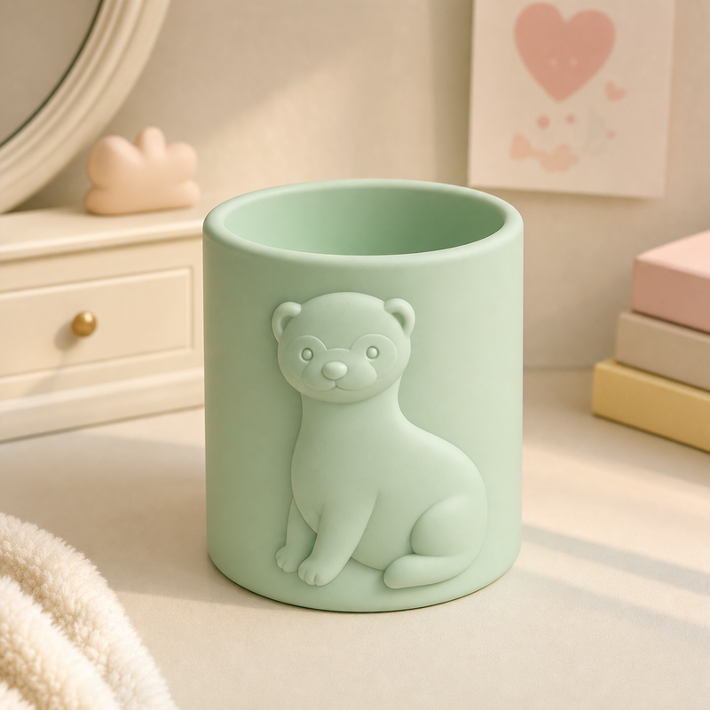 Ferret Makeup Brush Cup, Pastel Pencil Holder, Cute Vanity Desk Gift — Green color variant