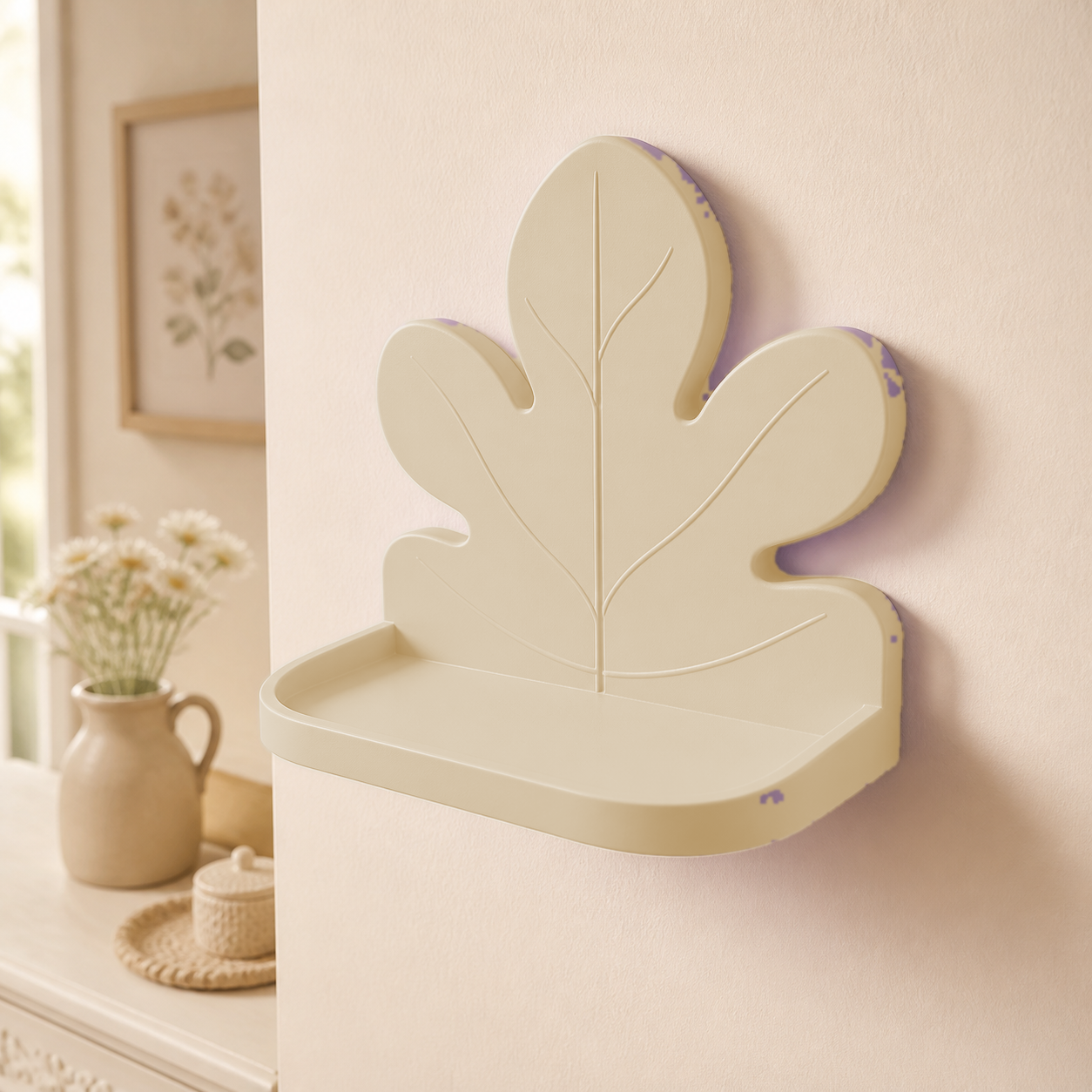 Fig Leaf Mini Wall Ledge, Cottagecore Botanical Shelf, Pastel Room Decor Gift — Beige color variant