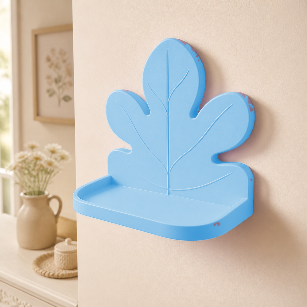 Fig Leaf Mini Wall Ledge, Cottagecore Botanical Shelf, Pastel Room Decor Gift — Blue color variant