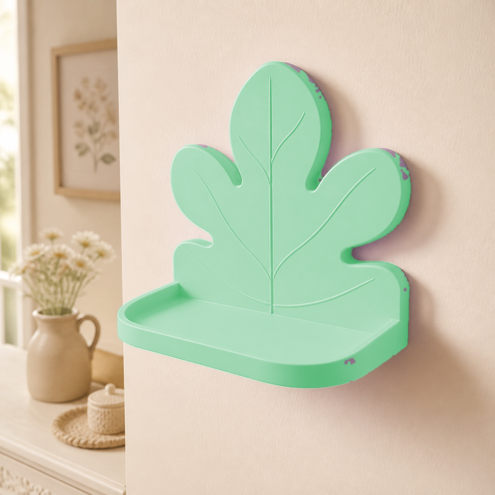 Fig Leaf Mini Wall Ledge, Cottagecore Botanical Shelf, Pastel Room Decor Gift — Green color variant