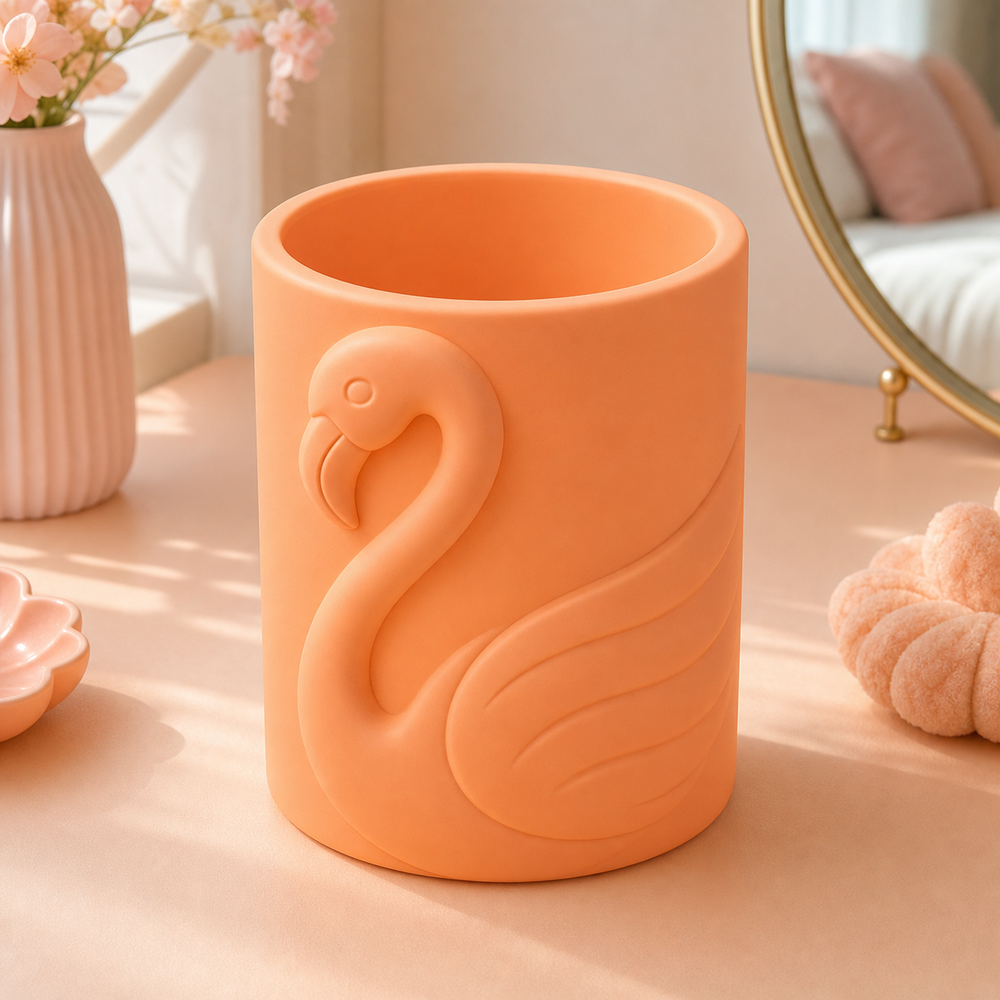 Flamingo Makeup Brush Cup, Pastel Pencil Holder, Cute Vanity Desk Gift — Orange color variant