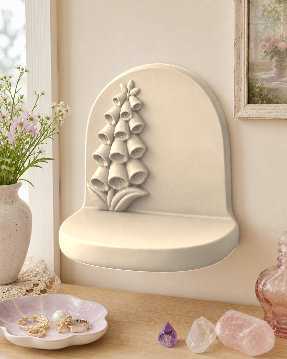Foxglove Mini Wall Ledge, Pastel Cottagecore Shelf, Cute Room Decor Gift — Beige color variant