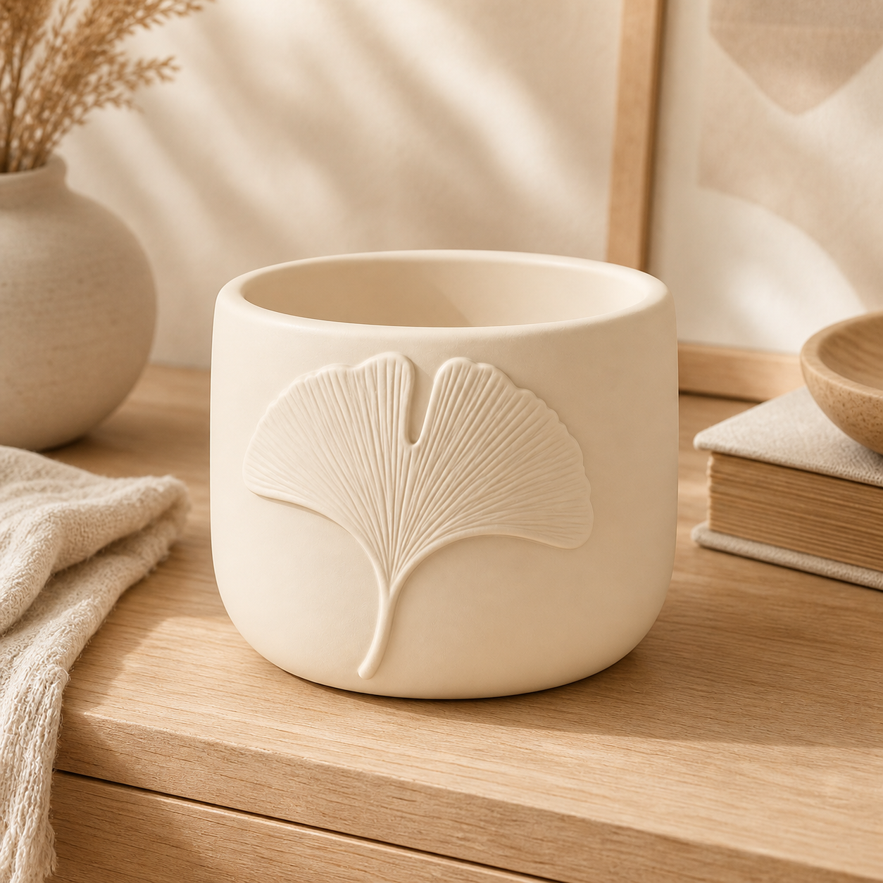 Ginkgo Leaf Decor Cachepot, Botanical Shelf Pot, Pastel Vanity Room Decor — Beige color variant