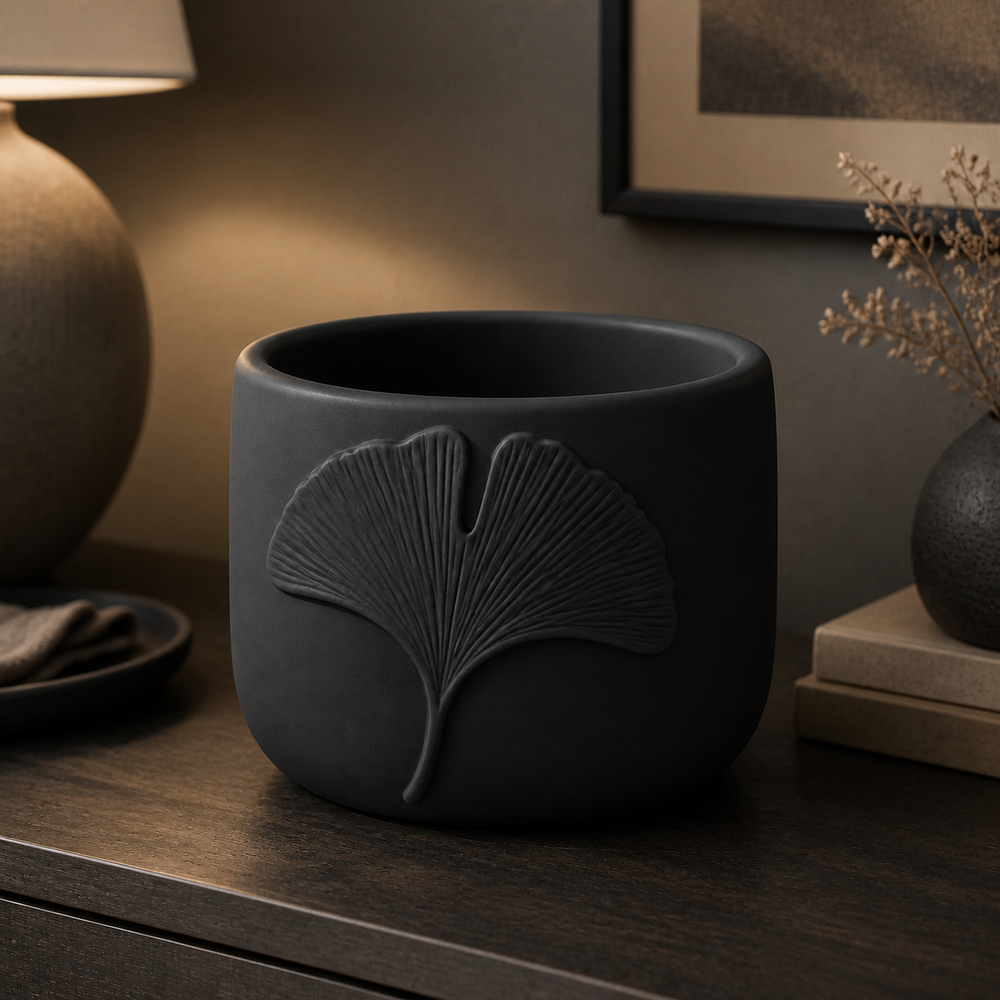 Ginkgo Leaf Decor Cachepot, Botanical Shelf Pot, Pastel Vanity Room Decor — Black color variant