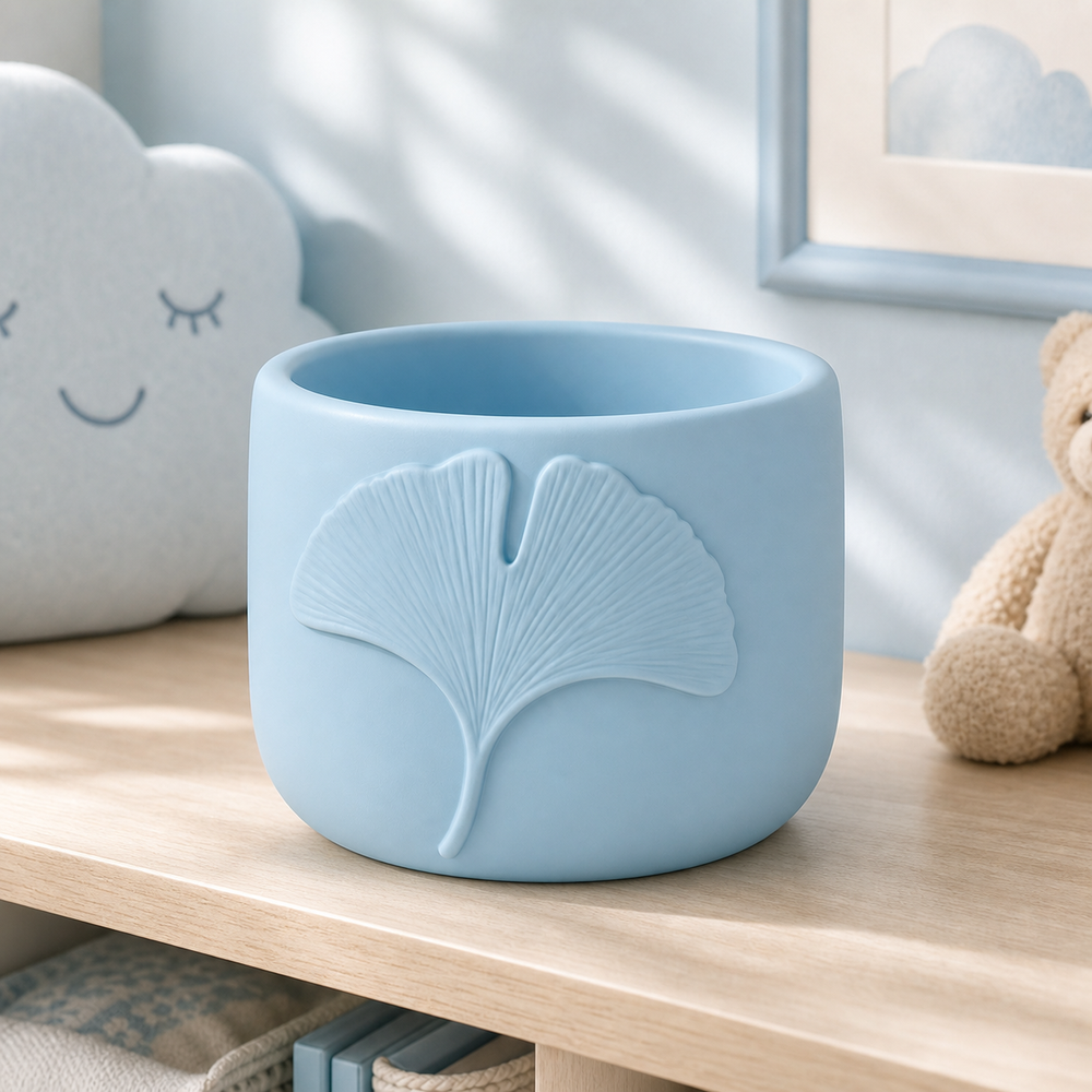 Ginkgo Leaf Decor Cachepot, Botanical Shelf Pot, Pastel Vanity Room Decor — Blue color variant