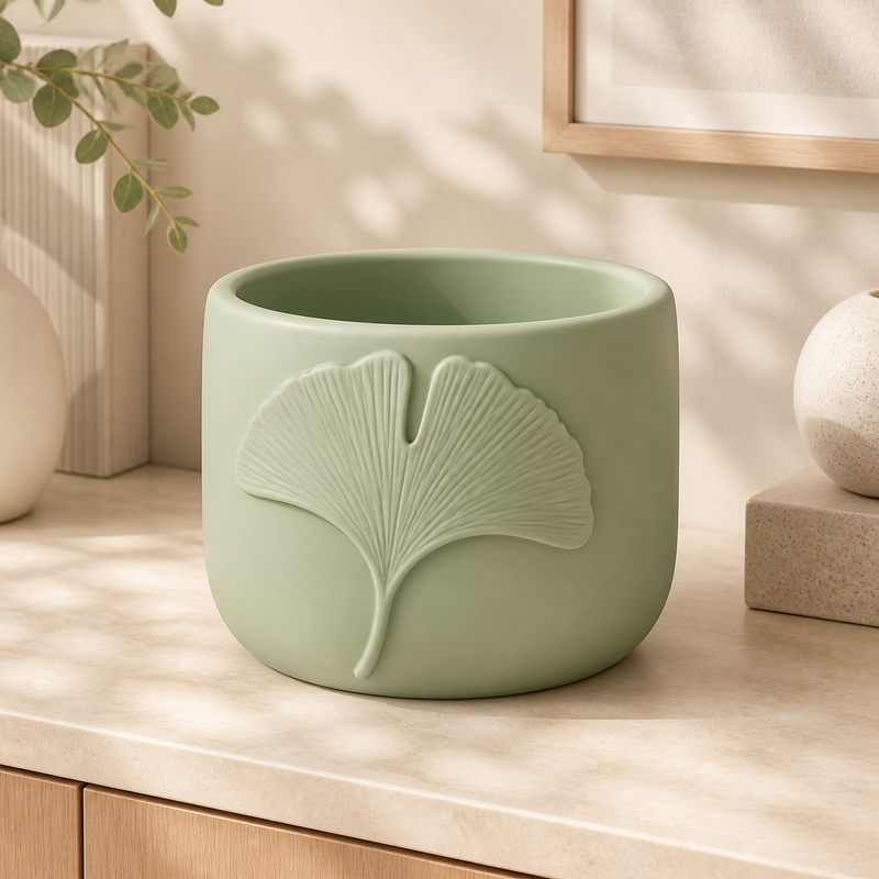 Ginkgo Leaf Decor Cachepot, Botanical Shelf Pot, Pastel Vanity Room Decor — Green color variant
