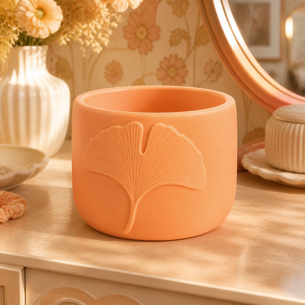 Ginkgo Leaf Decor Cachepot, Botanical Shelf Pot, Pastel Vanity Room Decor — Orange color variant