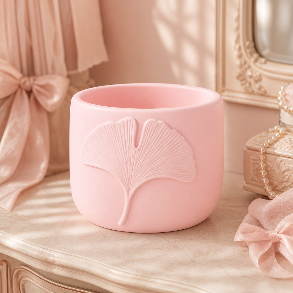 Ginkgo Leaf Decor Cachepot, Botanical Shelf Pot, Pastel Vanity Room Decor — Pink color variant